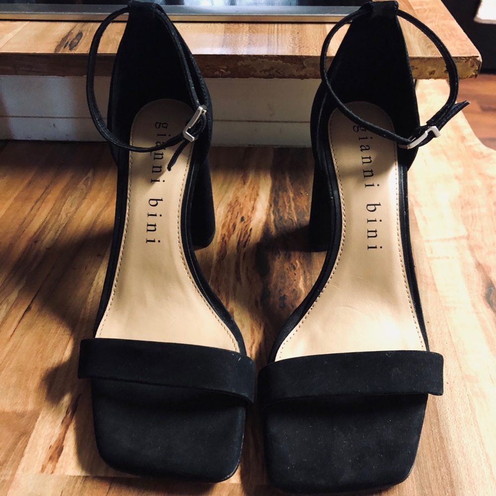 Gianni Bini Maileigh Suede Square Toe Ankle Strap Block Heel Dress Sandals